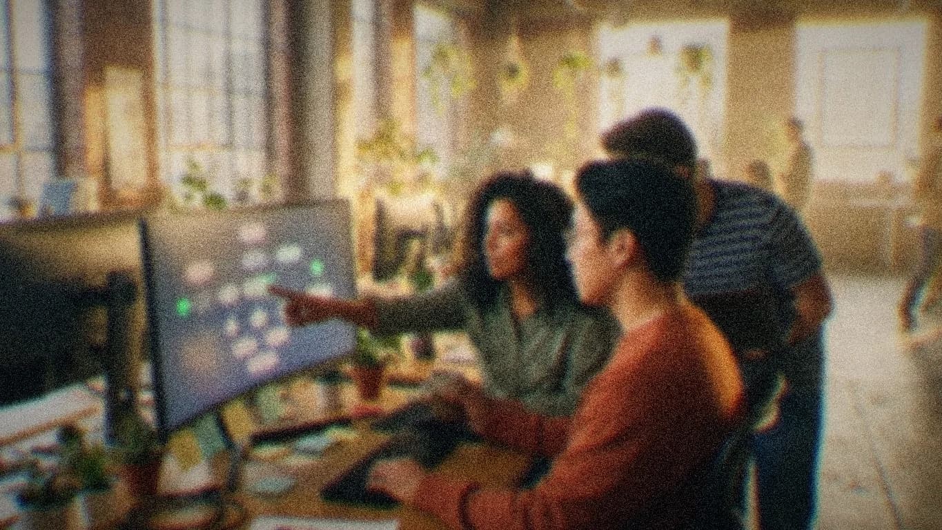 Operations colleagues maintaining an agentic workflow they built, in the same office in warm light